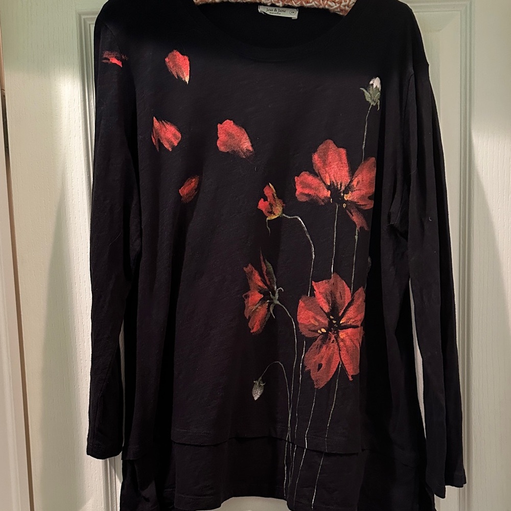Women's Black Long-Sleeve Top with Red Floral Print